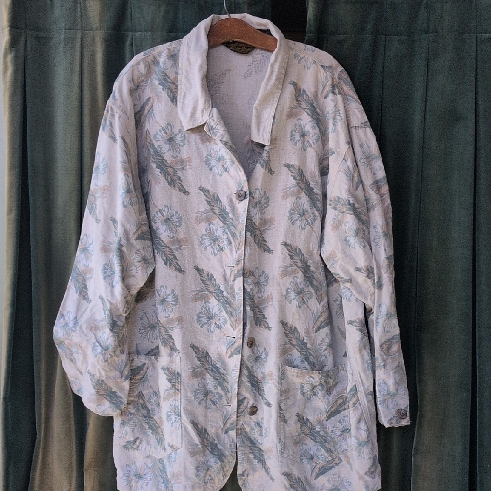 Eddie Bauer Vintage Cream Floral Linen Chore Jacket Workwear